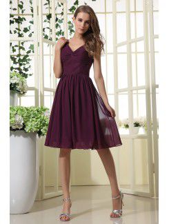 Satin and Tulle V-Neckline Knee-Length A-line Bridesmaid Dress with Ruffle