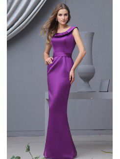 Satin Scoop Floor Length Sheath Bridesmaid Dress with Ruffle