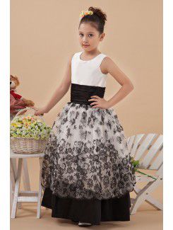 Satin Jewel Floor Length A-line Flower Girl Dress with Embroidered