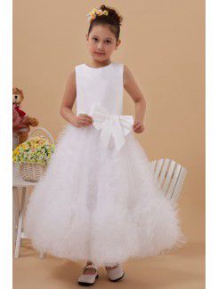 Satin and Tulle Jewel Ankle-Length A-line Flower Girl Dress with Bow