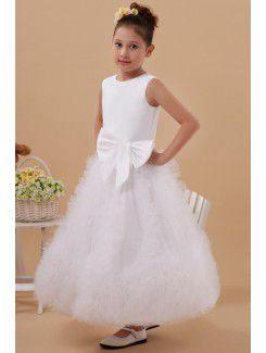 Satin and Tulle Jewel Ankle-Length A-line Flower Girl Dress with Bow