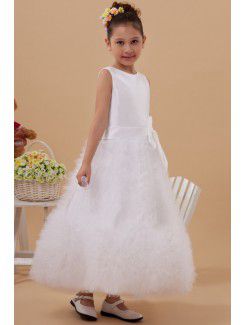 Satin and Tulle Jewel Ankle-Length A-line Flower Girl Dress with Bow