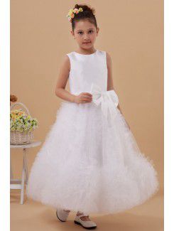 Satin and Tulle Jewel Ankle-Length A-line Flower Girl Dress with Bow