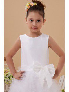 Satin and Tulle Jewel Ankle-Length A-line Flower Girl Dress with Bow