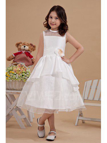 Satin and Organza Jewel Tea-Length A-line Flower Girl Dress with Hand-made Flower