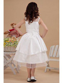 Satin and Organza Jewel Tea-Length A-line Flower Girl Dress with Hand-made Flower