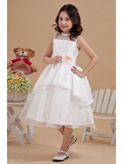 Satin and Organza Jewel Tea-Length A-line Flower Girl Dress with Hand-made Flower