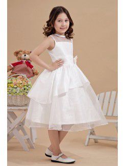 Satin and Organza Jewel Tea-Length A-line Flower Girl Dress with Hand-made Flower