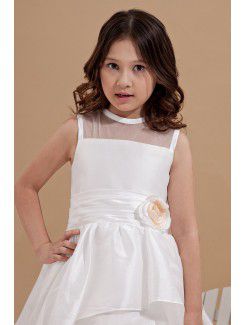 Satin and Organza Jewel Tea-Length A-line Flower Girl Dress with Hand-made Flower