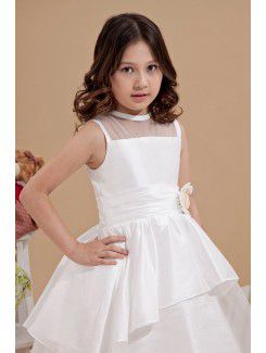 Satin and Organza Jewel Tea-Length A-line Flower Girl Dress with Hand-made Flower