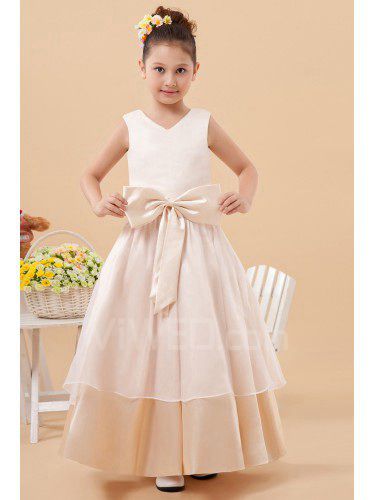 Charmeuse decote em v do tornozelo-comprimento flor uma linha vestido da menina com bowknot