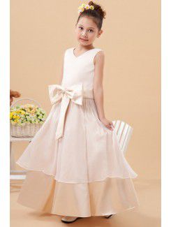 Charmeuse V-Neckline Ankle-Length A-line Flower Girl Dress with Bowknot