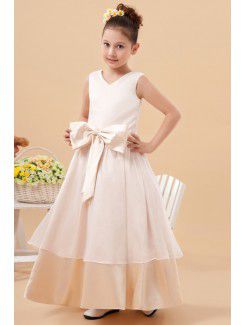 Charmeuse V-Neckline Ankle-Length A-line Flower Girl Dress with Bowknot