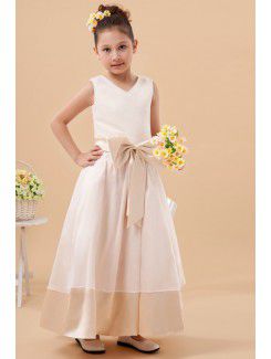 Charmeuse V-Neckline Ankle-Length A-line Flower Girl Dress with Bowknot