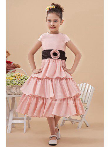 Satin Jewel Knee-Length A-line Flower Girl Dress with Hand-made Flower and Cap-Sleeves