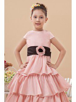 Satin Jewel Knee-Length A-line Flower Girl Dress with Hand-made Flower and Cap-Sleeves