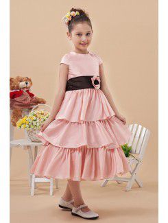 Satin Jewel Knee-Length A-line Flower Girl Dress with Hand-made Flower and Cap-Sleeves