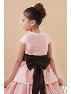 Satin Jewel Knee-Length A-line Flower Girl Dress with Hand-made Flower and Cap-Sleeves