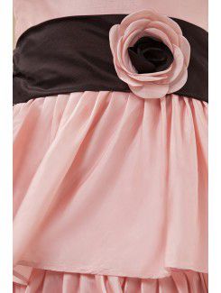 Satin Jewel Knee-Length A-line Flower Girl Dress with Hand-made Flower and Cap-Sleeves