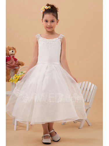 Satin and Tulle Bateau Tea-Length Ball Gown Flower Girl Dress with Embroidered