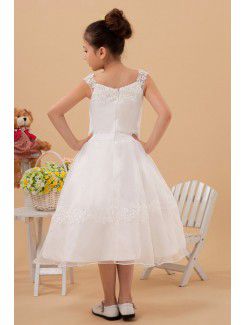 Satin and Tulle Bateau Tea-Length Ball Gown Flower Girl Dress with Embroidered