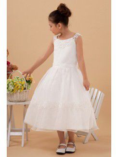 Satin and Tulle Bateau Tea-Length Ball Gown Flower Girl Dress with Embroidered