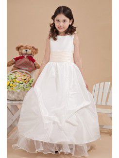 Satin and Tulle Bateau Ankle-Length Ball Gown Flower Girl Dress with Bow and Hand-made Flowers