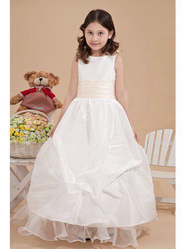 Satin and Tulle Bateau Ankle-Length Ball Gown Flower Girl Dress with Bow and Hand-made Flowers