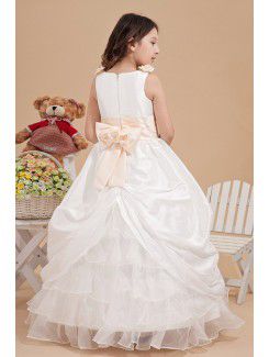 Satin and Tulle Bateau Ankle-Length Ball Gown Flower Girl Dress with Bow and Hand-made Flowers