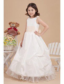 Satin and Tulle Bateau Ankle-Length Ball Gown Flower Girl Dress with Bow and Hand-made Flowers