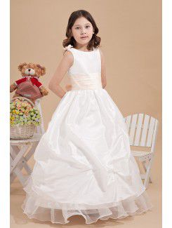 Satin and Tulle Bateau Ankle-Length Ball Gown Flower Girl Dress with Bow and Hand-made Flowers