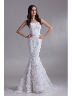 Satin and Lace Strapless Sweep Train Mermaid Embroidered Wedding Dress