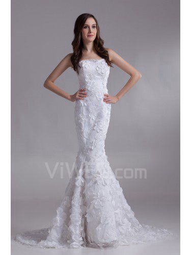 Satin and Lace Strapless Sweep Train Mermaid Embroidered Wedding Dress