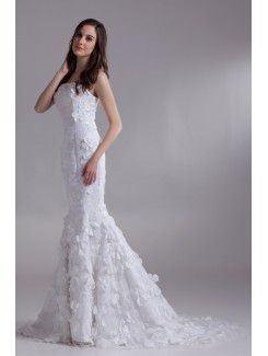 Satin and Lace Strapless Sweep Train Mermaid Embroidered Wedding Dress