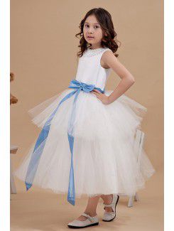 Tulle and Satin Jewel Tea-Length A-line Flower Girl Dress with Sequins