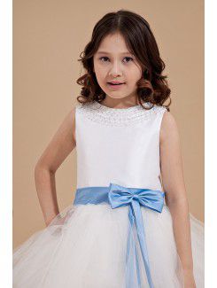 Tulle and Satin Jewel Tea-Length A-line Flower Girl Dress with Sequins