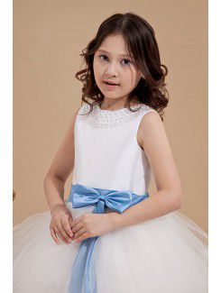 Tulle and Satin Jewel Tea-Length A-line Flower Girl Dress with Sequins