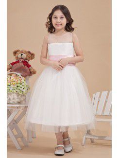 Organza and Satin Bateau Tea-Length A-line Flower Girl Dress with Bow