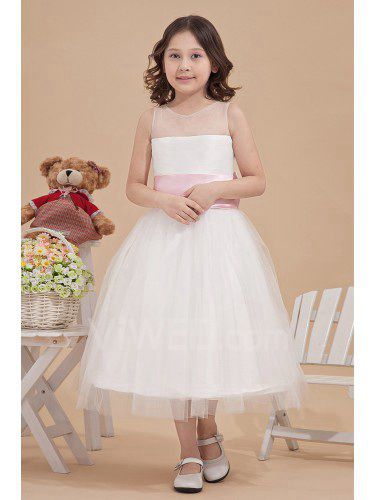 Organza and Satin Bateau Tea-Length A-line Flower Girl Dress with Bow