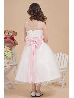 Organza and Satin Bateau Tea-Length A-line Flower Girl Dress with Bow