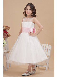 Organza and Satin Bateau Tea-Length A-line Flower Girl Dress with Bow