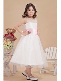 Organza and Satin Bateau Tea-Length A-line Flower Girl Dress with Bow