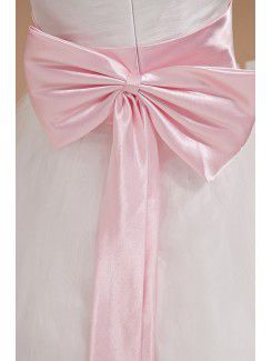 Organza and Satin Bateau Tea-Length A-line Flower Girl Dress with Bow