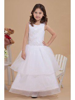 Satin and Tulle Jewel Ankle-Length A-line Flower Girl Dress with Embroidered