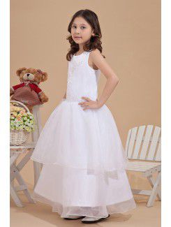 Satin and Tulle Jewel Ankle-Length A-line Flower Girl Dress with Embroidered