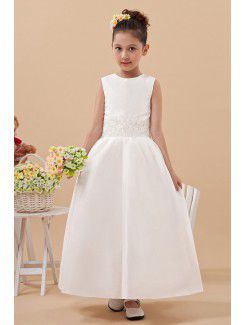 Satin and Tulle Jewel Ankle-Length Ball Gown Flower Girl Dress with Embroidered