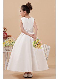 Satin and Tulle Jewel Ankle-Length Ball Gown Flower Girl Dress with Embroidered