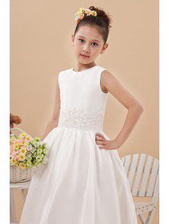 Satin and Tulle Jewel Ankle-Length Ball Gown Flower Girl Dress with Embroidered