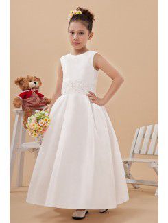 Satin and Tulle Jewel Ankle-Length Ball Gown Flower Girl Dress with Embroidered