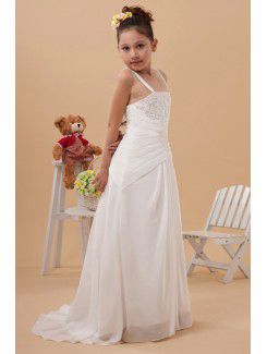 Satin Straps Floor Length A-line Flower Girl Dress with Embroidered